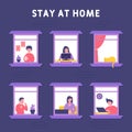 Stay home concept. People were seen from apartment window. Windows with people inside their houses.