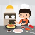 Stay at home concept. Woman cooking Spaghetti Italian Food in kitchen room. Character Cartoon Vector illustration.