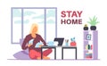 Stay home concept. Woman works at home during coronavirus quarantine, student or freelancer work on laptop, prevention