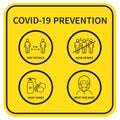Coronavirus COVID-19 Prevention concept. Flat line icons set. Social distancing, Avoid crowds, Wear face mask, Wash hands.