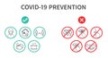 Coronavirus COVID-19 Prevention concept. Flat line icons set. Wear a face mask, Social distancing, Stay at home, Avoid crowds.