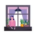 Stay at home, coronavirus covid 19, woman looking at window with icon plant in pot decoration