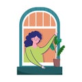 Stay at home, coronavirus covid 19, woman looking at window with icon plant in pot decoration