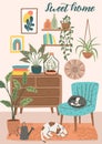 Stay at home. Cozy room interior. Vector illustration.