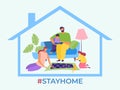 Stay home, family stop virus spread vector illustration. Parents and children spend quarantined time together. Mother