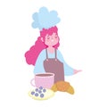 Stay at home, female chef coffee cup croissant dessert cartoon, cooking quarantine activities