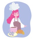 Stay at home, female chef coffee cup croissant dessert cartoon, cooking quarantine activities