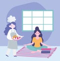 Stay at home, female chef fruits in tray and girl meditation yoga in room cartoon, quarantine activities