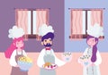 Stay at home, female and male chef characters with food cartoon, cooking quarantine activities