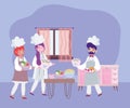 Stay at home, female and male chefs different cartoon food recipes, cooking quarantine activities Royalty Free Stock Photo