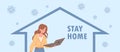 Stay home and fight Coronavirus banner design. Woman working at home on laptop vector flat illustration. Royalty Free Stock Photo