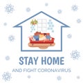 Stay home and fight Coronavirus poster template. Freelance woman working distance vector flat illustration. Royalty Free Stock Photo