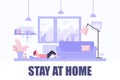 Stay at home vector illustration. Young woman woman doing sport exercises at home. Coronavirus outbreak, self isolation.