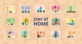 Stay at home, full people house vector illustration. Self isolation, social distance at residential building with open