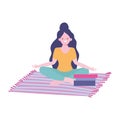 Stay at home, girl meditation yoga in room with books cartoon, quarantine activities