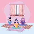 Stay at home, girls in yoga meditation on mat, self-isolation, activities in quarantine for coronavirus