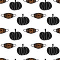 Stay Home Halloween Thanksgiving 2020 seamless vector background. Repeating Coronavirus pattern with pumpkins and face