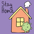 Stay at home.Hand drawn quote and house shape isolated on pink background.