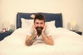 Stay home. Happy hipster feel safe at home. Bearded man relax in bed. Rest and relaxation. Leisure and lounge. Home