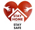 Stay home, with heart and house inside. Coronavirus, COVID 19 protection logo