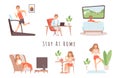 Stay at home. House relaxing, man woman weekend. People watch tv, working from house vector illustration