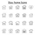Stay home icons set in thin line style