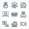 stay at home line icons. linear set. quality vector line set such as eating, cooking, domino, relax, synthesizer, sleeping, stay Royalty Free Stock Photo
