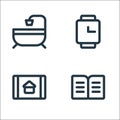 Stay at home line icons. linear set. quality vector line set such as book, tablet, clock