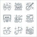 Stay at home line icons. linear set. quality vector line set such as camera, water balloons, pillow, celebration, cleaning, news