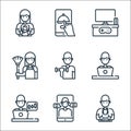 stay at home line icons. linear set. quality vector line set such as cat, video calling, trading, working man, exercise, broom,