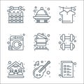 Stay at home line icons. linear set. quality vector line set such as checklist, guitar, stay at home, dumbbell, cooking pots,