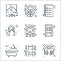 Stay at home line icons. linear set. quality vector line set such as exercise, dumbbell, bathtub, incoming call, stay home, music