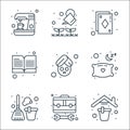 Stay at home line icons. linear set. quality vector line set such as house, toolbox, cleaning, pillow, spa and relax, book,