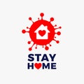 Stay home logo icon vector - red corona COVID 19 virus with house icon and heart inside and Stay Home text - vector illustration