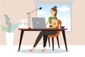 Stay at home mom working remotely on laptop while taking care of her baby. Young mother on maternity leave trying to freelance by Royalty Free Stock Photo
