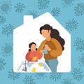 Stay home. Mother washes the girl`s hands with liquid soap. Vector illustration mom and daughter. Wash your hands and be healthy.