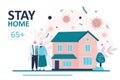 Stay home 65 and older banner template. Elderly couple and house. Quarantine or self-isolation