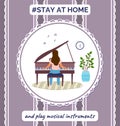 Stay home and play musical instruments, woman playing piano, virus epidemic, self-isolation leisure