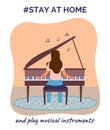 Stay home and play musical instruments, woman playing piano, virus epidemic, self-isolation leisure