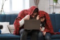 Stay home. Portrait of smiling father and son using laptop for a online meeting, video call, video conference with Royalty Free Stock Photo
