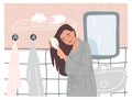 Stay home poster design. Wall art hand drawing. Female brushing hair in bathrobe. Bathroom illustration with towels, mirror, sink,