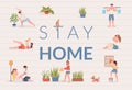 Stay home poster design. People doing sport exercises, cleaning flat and watering house plants.