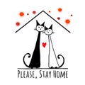 Stay At Home, Quarantine Concept. Cats Couple at House. Sketch for your design