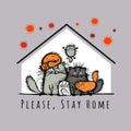 Stay At Home, Quarantine Concept. Cats Family at House. Sketch for your design