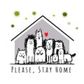 Stay At Home, Quarantine Concept. Dogs Family at House. Sketch for your design