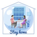 Stay home quarantine consept banner self isolation. Young couple family sitting at home drink tea or coffee smiling and