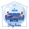 Stay home quarantine consept banner self isolation. Young couple family sitting at home drink tea smiling and staying