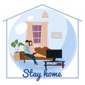 Stay home quarantine consept banner self isolation. Young couple family sitting at home watching TV movies TV shows on a