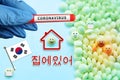 Stay at home - Quarantine and isolation. Korean flag and cute emoji, solidarity