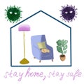 Stay home, stay safe concept illustration on white background. Coronavirus protection. Cozy home interior with red kitten on blue